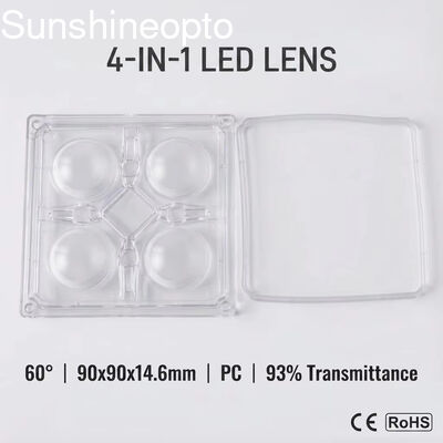 เลนส์ PC LED แบบออปติคอล 90 × 90 มม. พร้อมมุมลำแสง 60 °สำหรับไฟไฮเบย์อุตสาหกรรม